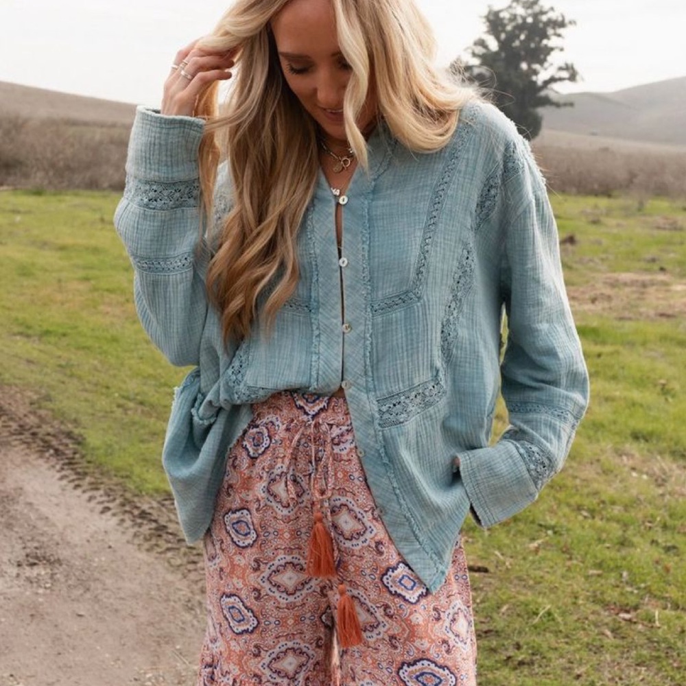 Free People Teal Button Down Shirt